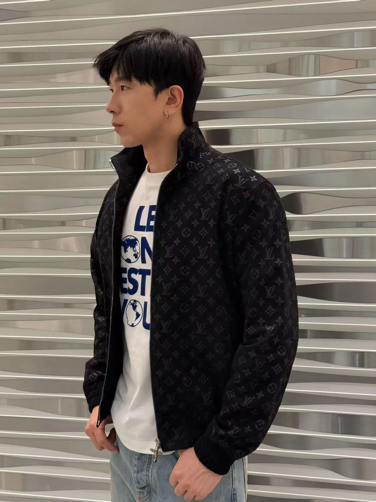 Louis Vuitton/Louis Vuitton aircraft button all-over printed embossed suede stand-collar jacket